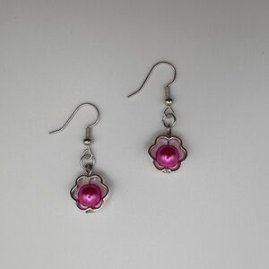 Chic Silver and Pink Flower Earrings